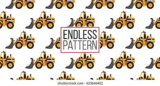 Seamless pattern with bulldozer. Inspired by variety of road, building machinery. Vector background for decoration for children's room, invitations, website, mobile app.