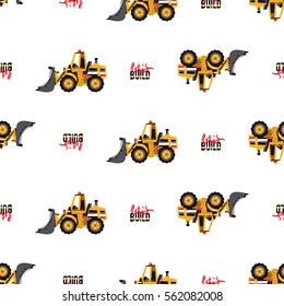 Seamless pattern with bulldozer and lets build inscription. Inspired by road, building machinery. Vector background for decoration children's room, invitations, website, mobile app.