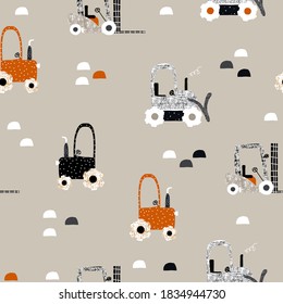 Seamless pattern with bulldozer and tractor. Kids cool print. Vector hand drawn illustration.
