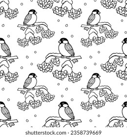 Seamless pattern, bullfinch bird on a snow-covered rowan branch. Black and white drawing, textile, sketch, vector	
