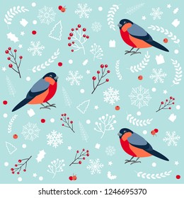 Seamless pattern with bullfinch. Christmas and New Year design greeting cards. Vector illustration.