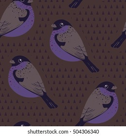 Seamless pattern with bullfinch on the background of triangles. Winter and New Year background.