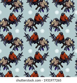 Seamless pattern of bullfinch on blue background and snowflakes, light blue, backdrop, print, textile, wallpaper, gift paper, cartoon style, winter, snowflakes, bullfinch, typography, celebration, red
