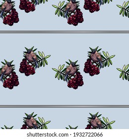 Seamless pattern of bullfinch on blue background and rowan, light blue, backdrop, print, textile, wallpaper, gift paper, cartoon style, winter, horizontal, bullfinch, typography, celebration, stripes