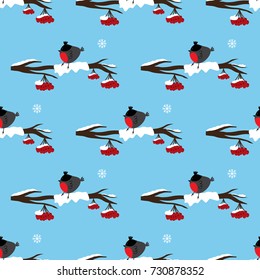 Seamless pattern with bullfinch on the rowan branch

