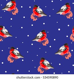 Seamless pattern. Bullfinch and Rowan berries red on a dark blue background and falling snow.
