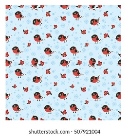 Seamless pattern with bullfinch, rowan and snowflake
