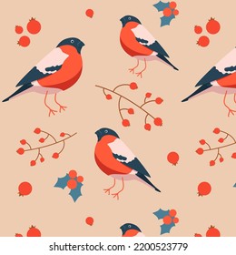 Patrón sin foco con bullfinch y rowan. Patrón invernal con aves y bayas. Ilustración del vector