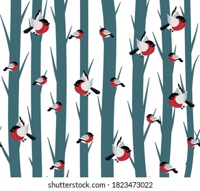 Seamless pattern of bullfinch and snow. eps
