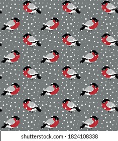 Seamless pattern of bullfinch and snow. eps