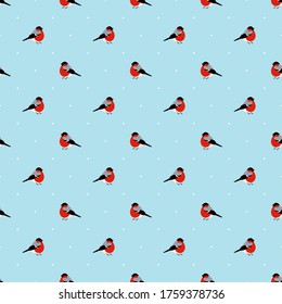 Seamless pattern of bullfinch and white polka dot on blue background. Bird vector illustration for wrapping paper, wallpaper, fabric, textile and more.