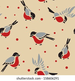 Seamless pattern with the bullfinches and brown background