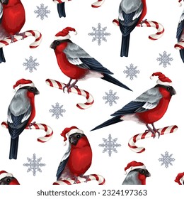 Seamless pattern with bullfinches in Christmas hat and candies. Vector