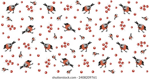 Seamless pattern with Bullfinches Design Christmas Wrapping paper in trendy retro style. Winter wallpaper with birds. Vector illustration can used textile, fabric, bed linen and t-shirt print.