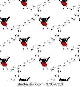 Seamless pattern with bullfinches. Hand drawn background.