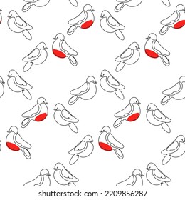 Seamless pattern with bullfinches in line-art style. Abstract background with birds. Drawn contour drawing. Line art.