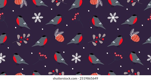 Seamless pattern with bullfinches on the background of snowflakes, winter berries, rowan, cones. Vector graphics.