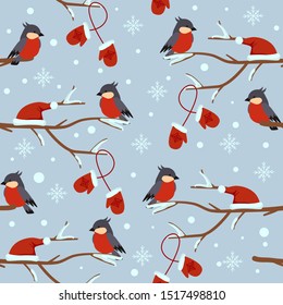seamless pattern with bullfinches on a branch - vector illustration, eps