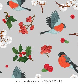 Seamless pattern with bullfinches, rowan berries, cotton flowers and holly