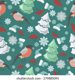 Seamless pattern with bullfinches, trees, snowflakes. Vector illustration