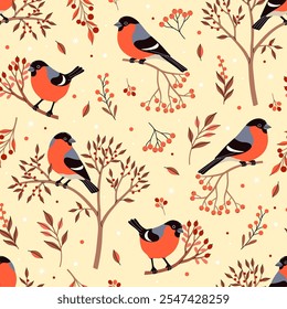 Seamless pattern with bullfinches, twigs and berries. Vector graphics.