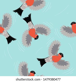 Seamless pattern with bullfinches. Vector graphics.
