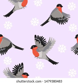 Seamless pattern with bullfinches. Vector graphics.