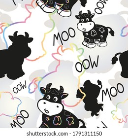 Seamless pattern of bulls, calves vector in black and white with a rainbow line for textiles, Wallpaper, napkins, notebook covers. Symbol of the Chinese new year 2021