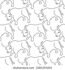 Seamless pattern with bulls illustration in line art style black color on white background
