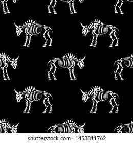 Seamless pattern. Bull's skeleton. Illustration for Halloween. Black background. For greeting cards, invitations, for printing on T-shirts and more.