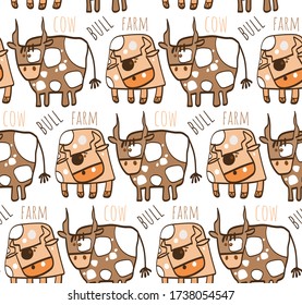 seamless pattern with bulls, stylized farm animals, dark background, spotted skin, circles, horns, hooves, tail, brown color, freehand drawing
