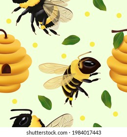 Seamless pattern with Bumble bee, beehive, honey bee, leaf. Pattern with insect for your design. 3d Vector illustration.
