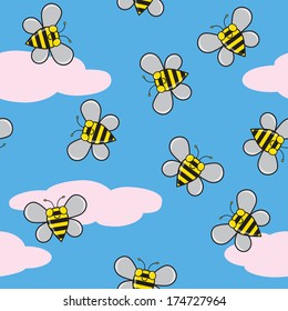 A seamless pattern of bumble bees flying with clouds and a bright blue sky in the background.
