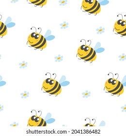 Seamless pattern with bumblebee, and chamomile flowers. White background. Yellow, grey, blue and pink. Cartoon style. Cute and funny. For kids post cards, wallpaper, textile, wrapping paper, print