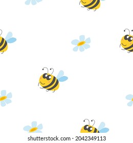 Seamless pattern with bumblebee, and chamomile flowers. White background. Yellow, grey, blue and pink. Cartoon style. Cute and funny. For kids post cards, wallpaper, textile, wrapping paper, print
