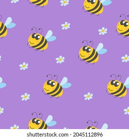 Seamless pattern with bumblebee, and chamomile flowers. White background. Yellow, grey, blue and pink. Cartoon style. Cute and funny. For kids post cards, wallpaper, textile, wrapping paper, print