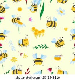 Seamless pattern with bumblebee, honey and flowers. Yellow, blue, pink, red and green floral graphic elements. Cartoon flat style. Cute and funny. Nursery, wallpaper, textile, wrapping paper, print