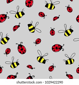 seamless pattern bumblebee and ladybug on the gray background