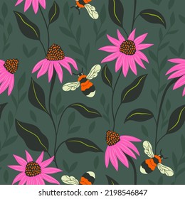 Seamless pattern with bumblebees and echinacea flowers. Vector graphics.