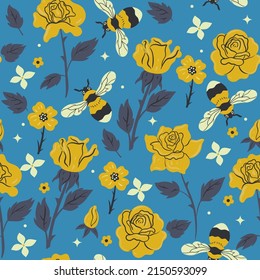 Seamless pattern with bumblebees and yellow roses. Vector graphics.