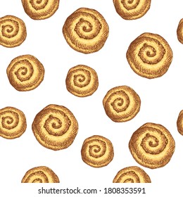 Seamless Pattern with Bun with chocolate, raisins. Bakery product. For printing wrapping paper, packaging, fabric. Vintage style design. Hand Drawn vector illustration.