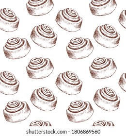 Seamless Pattern with Bun with cinnamon. Bakery product. For printing wrapping paper, packaging, fabric. Vintage style design. Hand Drawn vector illustration.
