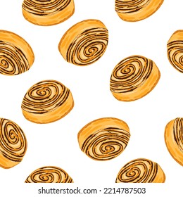 Seamless Pattern Of Bun With Cinnamon In Cartoon Style