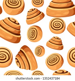 Seamless pattern. Bun with cinnamon. Freshly baked sweet cake. Baked pastry item. Flat vector illustration on white background.