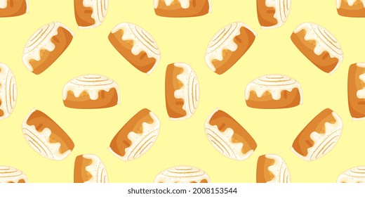Seamless pattern. Bun with cinnamon. Freshly baked sweet cake. Baked pastry item. Flat vector illustration on white background. Vector illustration