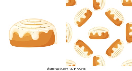 Seamless pattern. Bun with cinnamon. Freshly baked sweet cake. Baked pastry item. Flat vector illustration on white background.