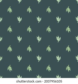 Seamless pattern bunch arugula salad on teal background. Minimalistic ornament with lettuce. Geometric plant template for fabric. Design vector illustration.