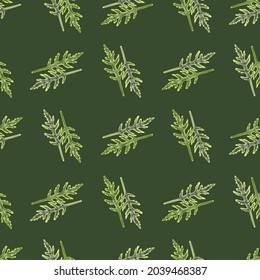 Seamless pattern bunch arugula salad on dark green background. Modern ornament with lettuce. Geometric plant template for fabric. Design vector illustration.