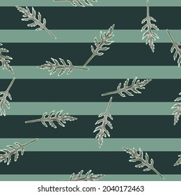 Seamless pattern bunch arugula salad on stripes teal background. Modern ornament with lettuce. Random plant template for fabric. Design vector illustration.
