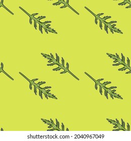 Seamless pattern bunch arugula salad on bright green background. Simple ornament with lettuce. Geometric plant template for fabric. Design vector illustration.